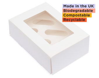 25 Cupcake boxes, Holds 6 cupcakes, Made in the UK, 242x165x75mm, BRC supplier, Compostable PLA window, Recyclable, Food safe