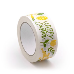 May include: A roll of white packing tape with a green and yellow design. The tape features the text "Happy Easter" and images of eggs, flowers, and bunnies.