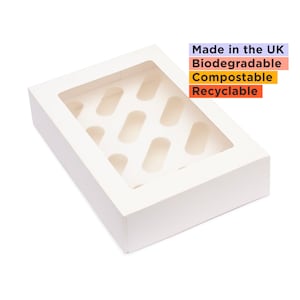 25 Cupcake boxes, Holds 12 cupcakes, Made in the UK, 330x242x75mm, BRC supplier, Compostable PLA window, Recyclable, Food safe