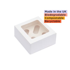 25 Cupcake boxes, Holds 4 cupcakes, Made in the UK, 170x170x75mm, BRC supplier, Compostable PLA window, Recyclable, Food safe