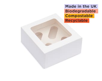 25 Cupcake boxes, Holds 4 cupcakes, Made in the UK, 170x170x75mm, BRC supplier, Compostable PLA window, Recyclable, Food safe