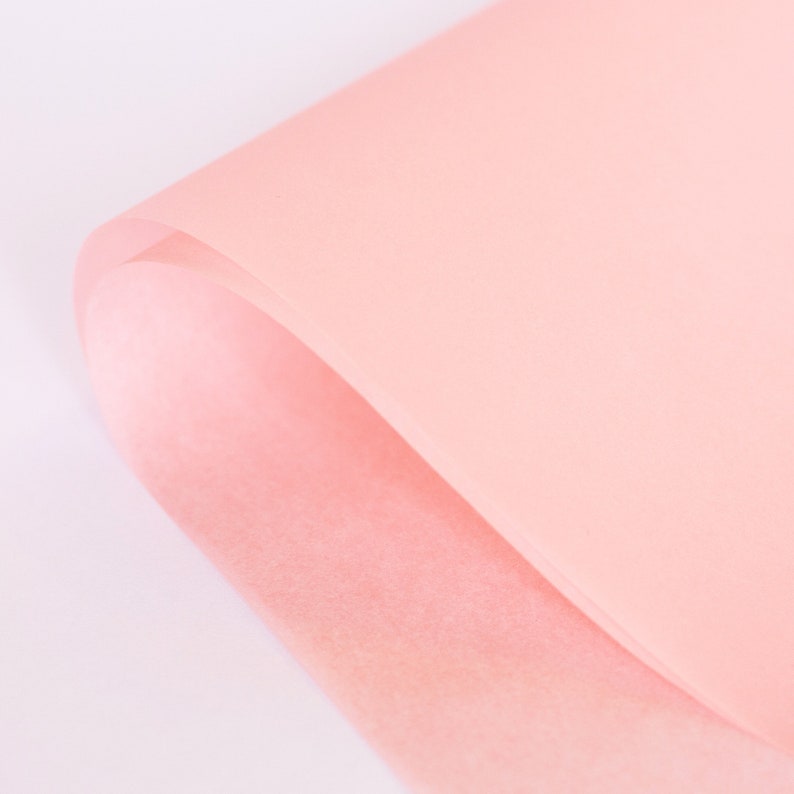 May include: A close-up of a sheet of light pink tissue paper. The paper is folded in half, and the edges are slightly curled.