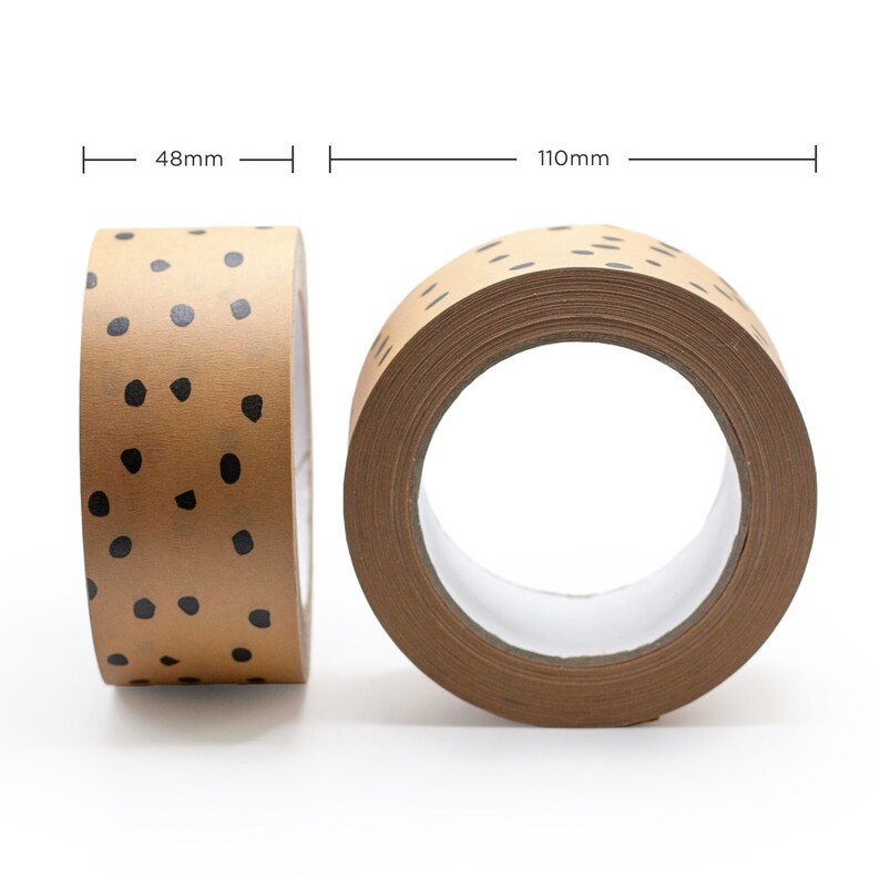 May include: Two rolls of brown paper tape with black polka dots. The tape is 110mm wide and 48mm in diameter.