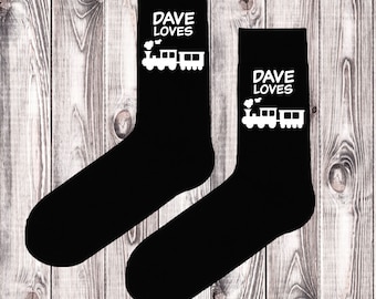 PERSONALISED NAME Loves Train Spotting and Image printed Mens Black Socks Uncle - Dad - Grandad - Brother - Any Text / Name - Custom