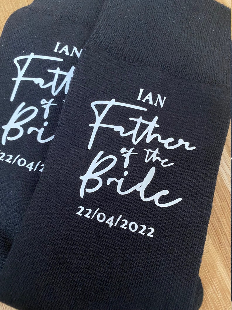 Personalised wedding socks father of the bride, father of the groom Any Text / Role / Name / Date Custom Black Socks image 5