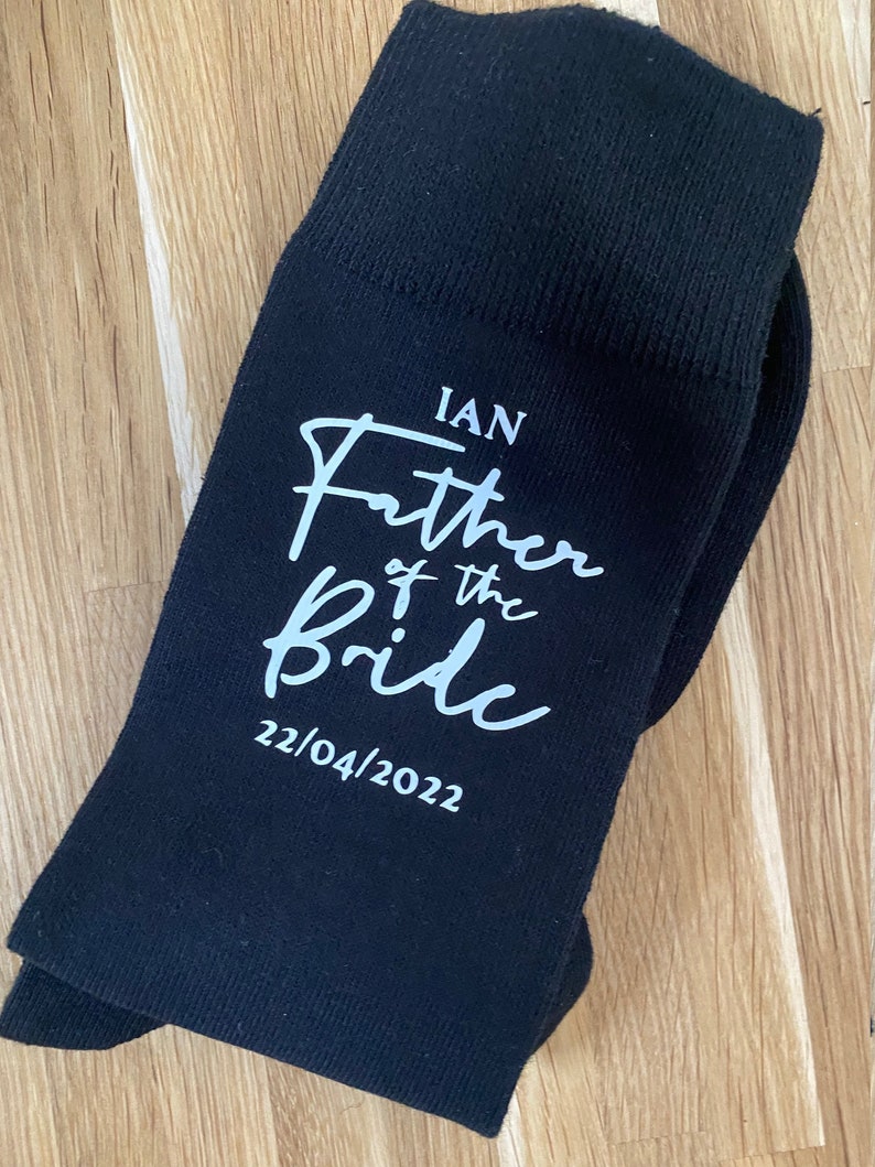 Personalised wedding socks father of the bride, father of the groom Any Text / Role / Name / Date Custom Black Socks image 3