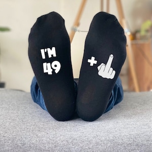 50th Birthday Gift - Funny fiftieth Gift - I&#39;m 49 + 1 middle finger! Rude ANY AGE, 30th 40th, 50th, 60th Personalised gift Socks