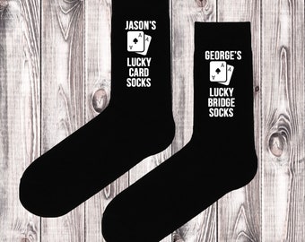 Personalised Lucky Card Bridge Poker Socks -  Gambling - Uncle - Dad - Grandad - Brother - Any Text / Name - Custom - Black Socks