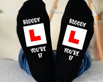 Personalised 17th Birthday Driving Gif Socks t - Bloody L You're 17 Socks- L Plate Socks - Funny 17th Birthday Present