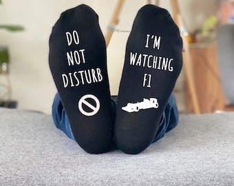 Personalised Do Not Disturb NAME is watching F1 Formula 1 Racing Socks - Custom Men's Gift - Birthday - Personalised Socks