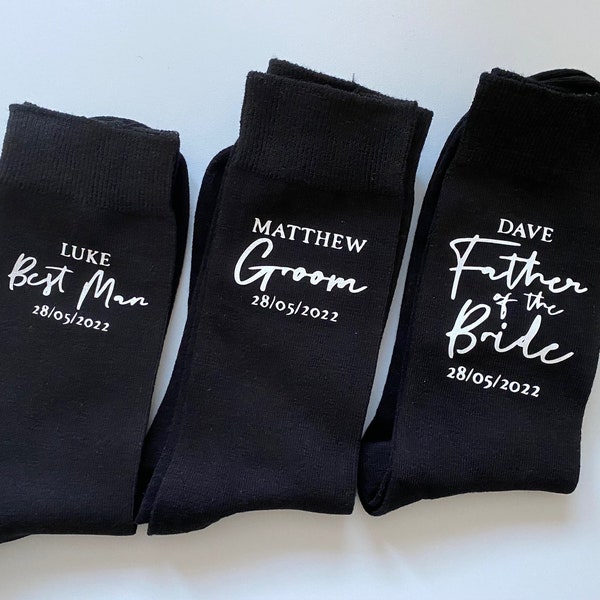 Personalised wedding groom, groomsman, bestman - Any Text / Role / Name / Date - Custom - Black Socks