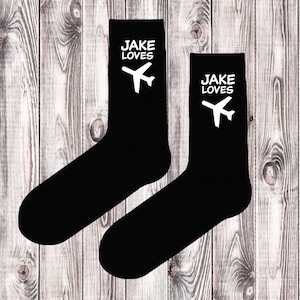 PERSONALISED NAME Loves Plane Spotting and Image printed Mens Black Socks Uncle - Dad - Grandad - Brother - Any Text / Name - Custom