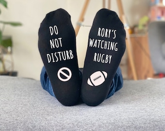 Personalised Do Not Disturb Dad Granddad Uncle ANY NAME is watching RUGBY Socks - Custom Men's Gift - Birthday / Christmas Socks