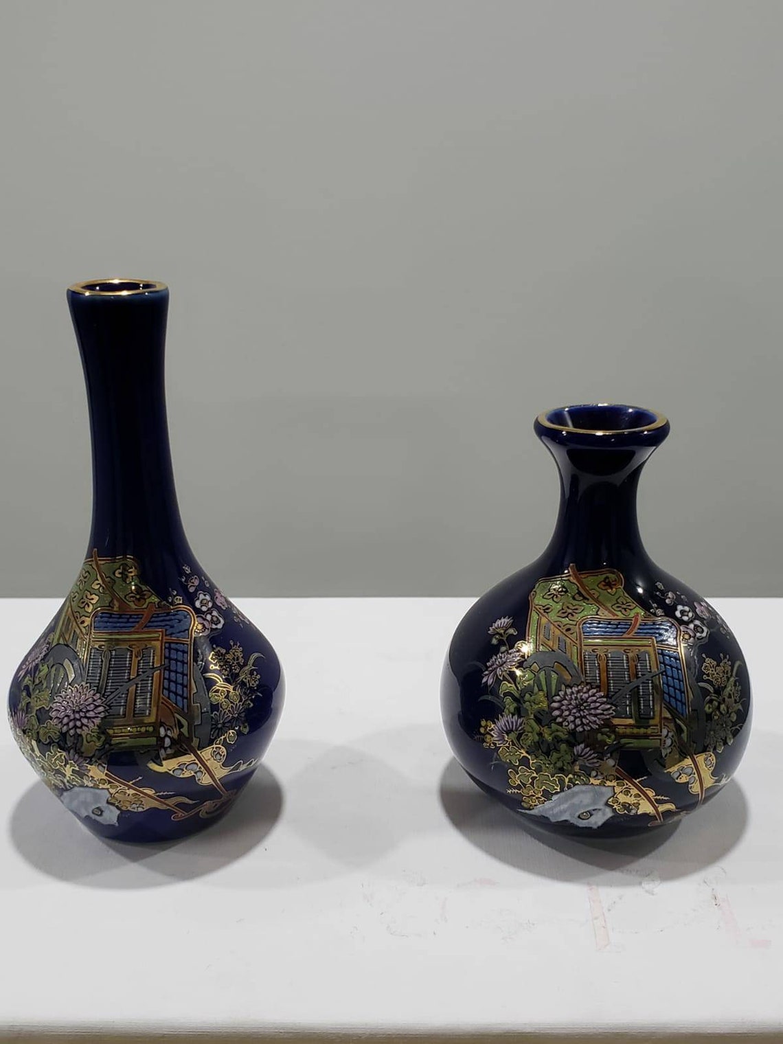 Vintage Sm. Japanese Cobalt Blue Vases with Carriage and Etsy