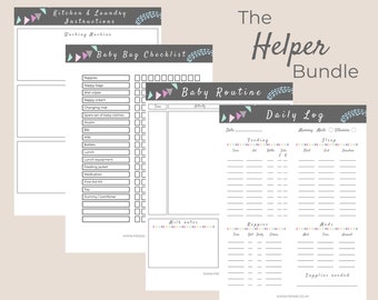 May include: Printable checklist and log sheets for baby care. The set includes a baby bag checklist, a baby routine checklist, and a daily log for tracking feeding, sleep, and diaper changes. The sheets are decorated with a colorful pattern of triangles and flowers.