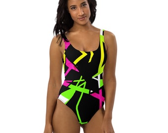 Neon Abstract One-Piece Swimsuit / Neon Bodysuit / Leotard