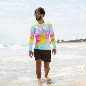 Neon Tie Dye Marble Men's Rash Guard / Surfing Swimwear / Men's Long Sleeve Activewear image 2