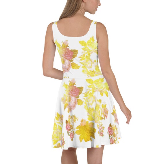 Golden Roses Skater Dress/ Gold Print Dress /White Formal Dress