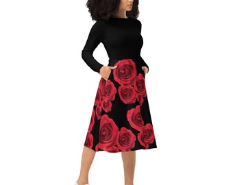 Roses Are Red Long Sleeve Midi Dress / Up To 6XL