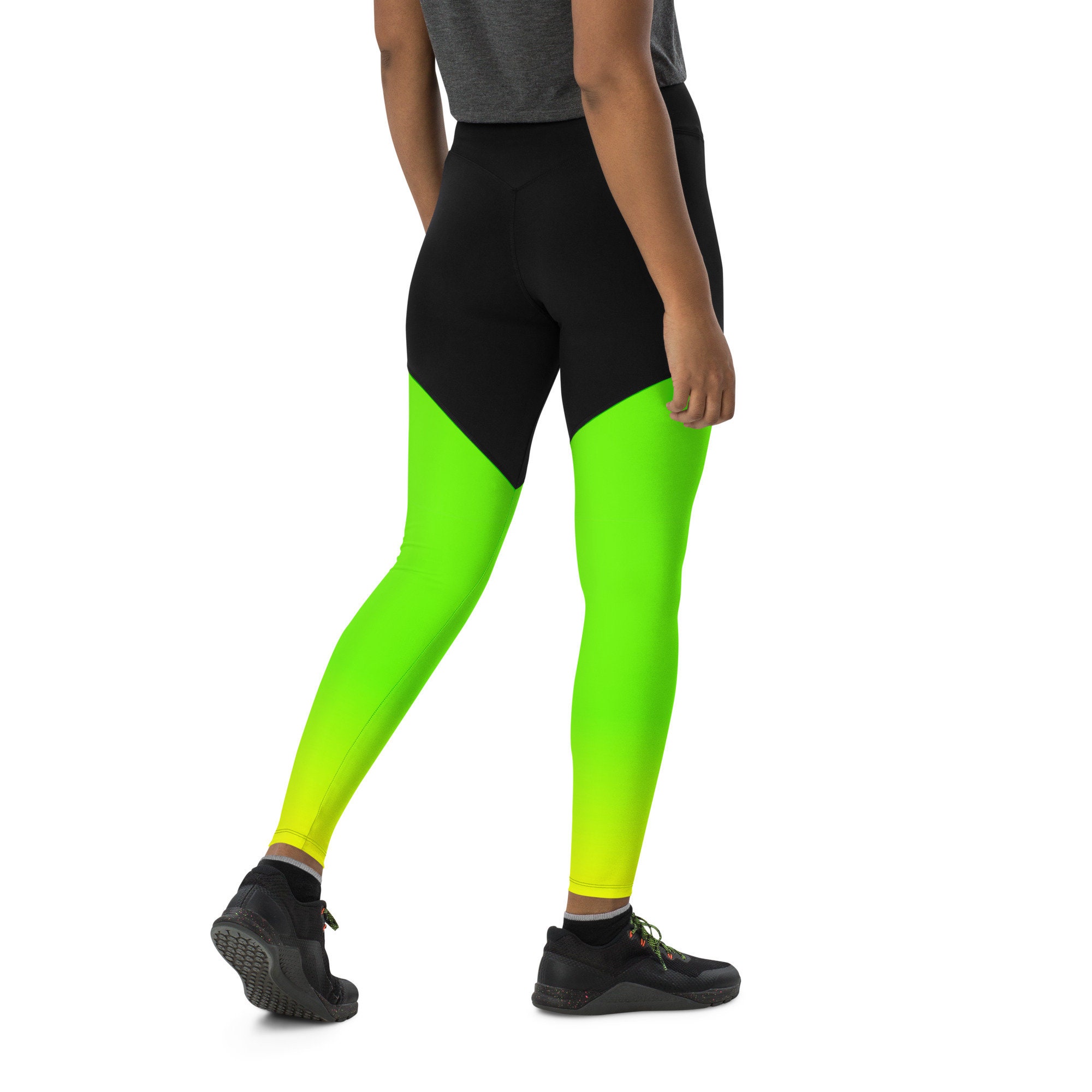 Neon Lime Green & Black Compression Sports Leggings / Butt Lifting