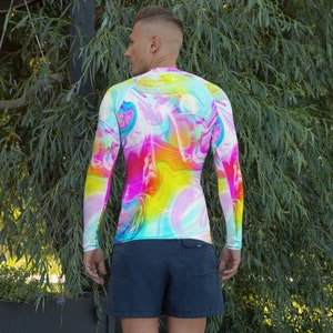 Neon Tie Dye Marble Men's Rash Guard / Surfing Swimwear / Men's Long Sleeve Activewear image 4