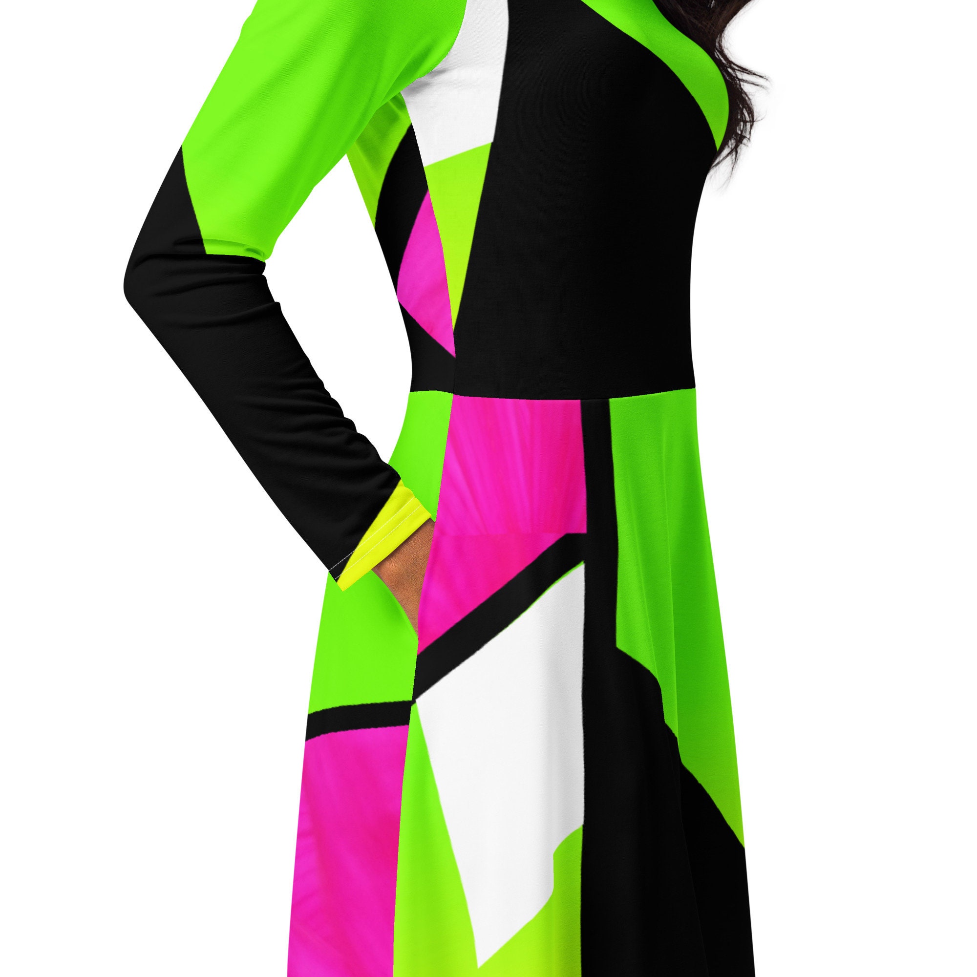Neon Color Blocking Long Sleeve Midi Dress / Up to 6XL