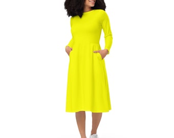 Neon Yellow Long Sleeve Midi Dress / Up To 6XL