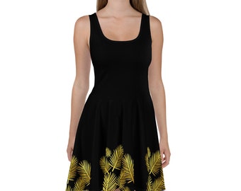 Gold Palm Leaves Black Skater Dress