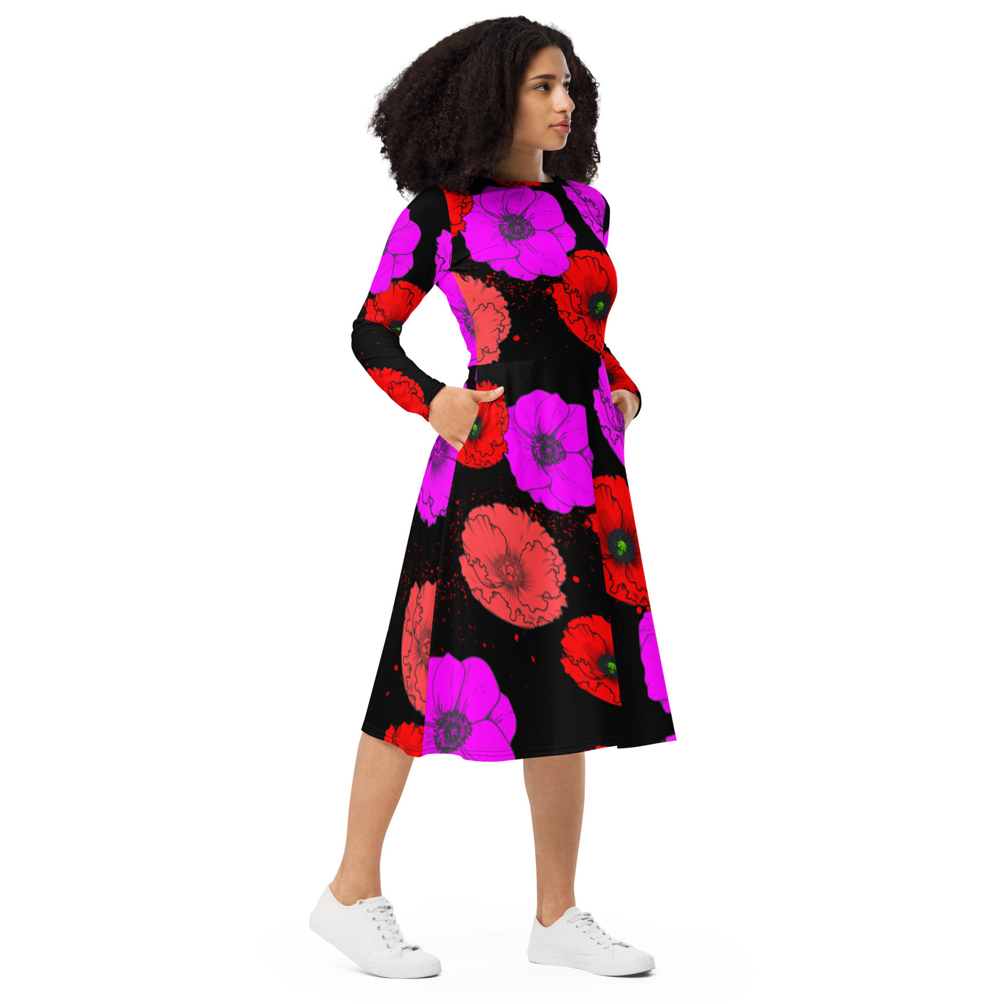 Poppy Flowers Long Sleeve Black Midi Dress / up to 6XL - Etsy