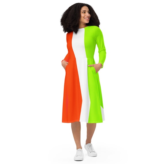 Neon India Flag Colors Long Sleeve Midi Dress / XXS - 6XL