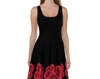 Roses are Red / Black Skater Dress with Roses Design / Black Sleeveless Dress / LBD