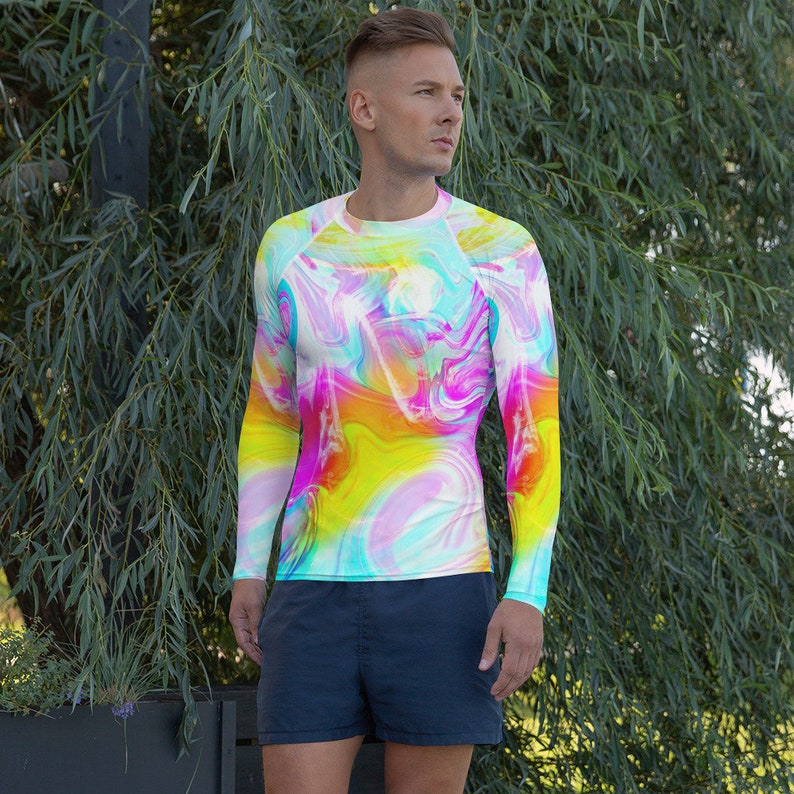 Neon Tie Dye Marble Men's Rash Guard / Surfing Swimwear / Men's Long Sleeve Activewear image 1