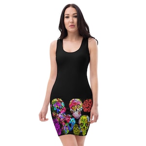Sugar Skulls / Fitted Dress / Black Dress / Calavera / Halloween Dress
