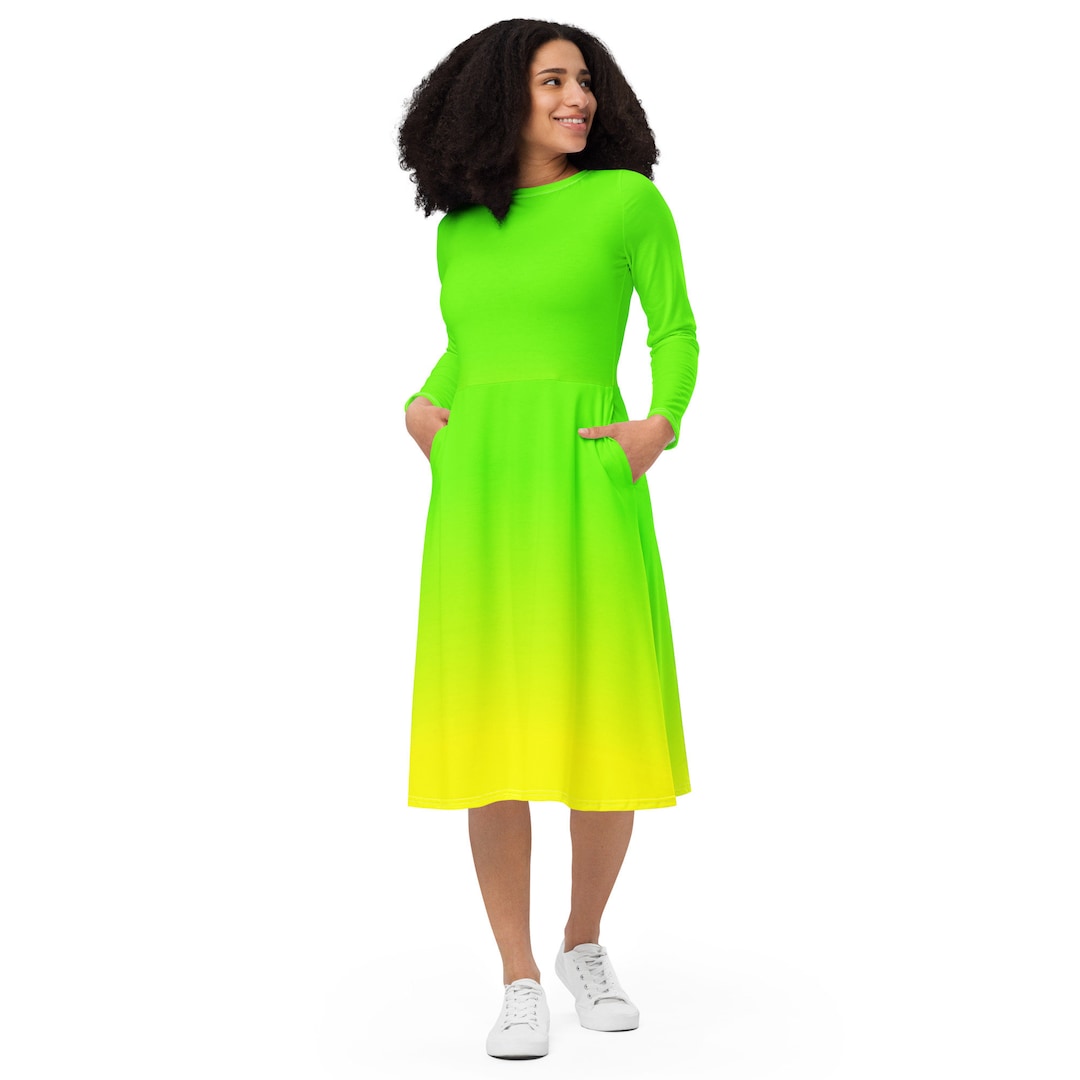 Neon Lime Green & Yellow Long Sleeve Midi Dress / Up to 6 XL