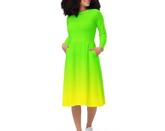 Neon Lime Green & Yellow Long Sleeve Midi Dress / Up To 6 XL