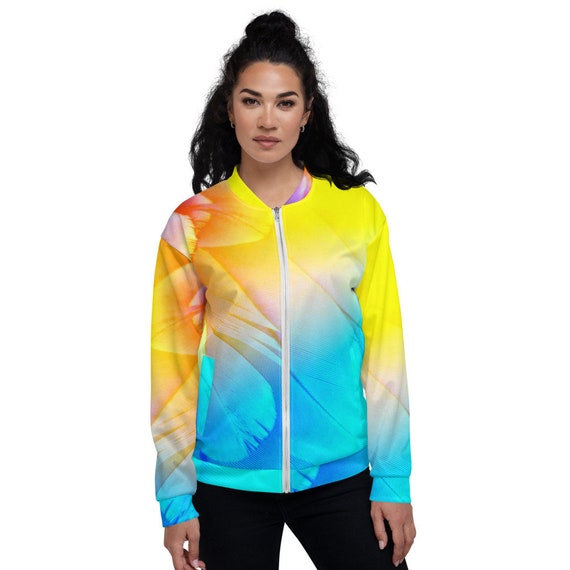 Neon Rainbow Feathers Turquoise Yellow Unisex Bomber Jacket 