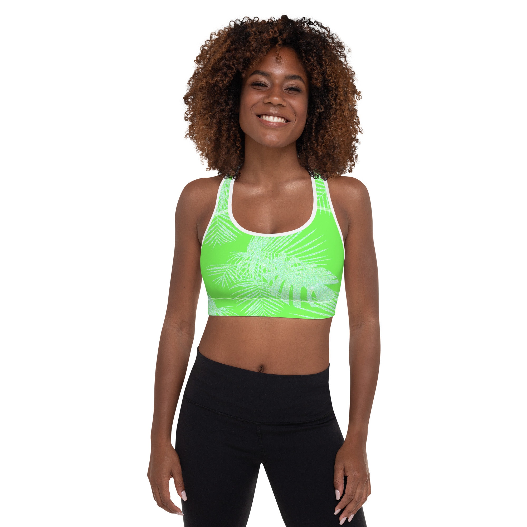 Neon Lime Green Palm Leaves Padded Sports Bra -  Australia