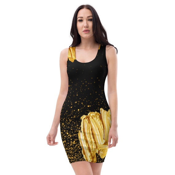 Painted Gold Abstract / Tank Dress/ Gold Dress / Bodycon / LBD