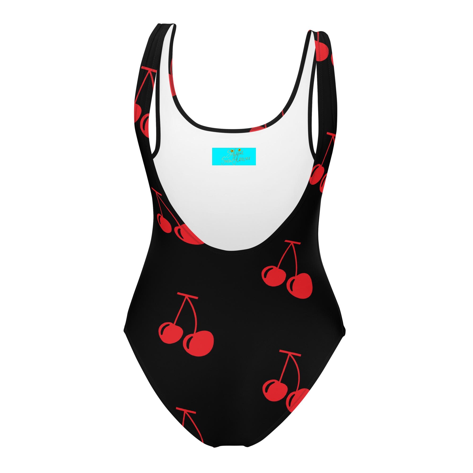 Red Cherries ECO One Piece Swimsuit / Black Swimsuit Recycled