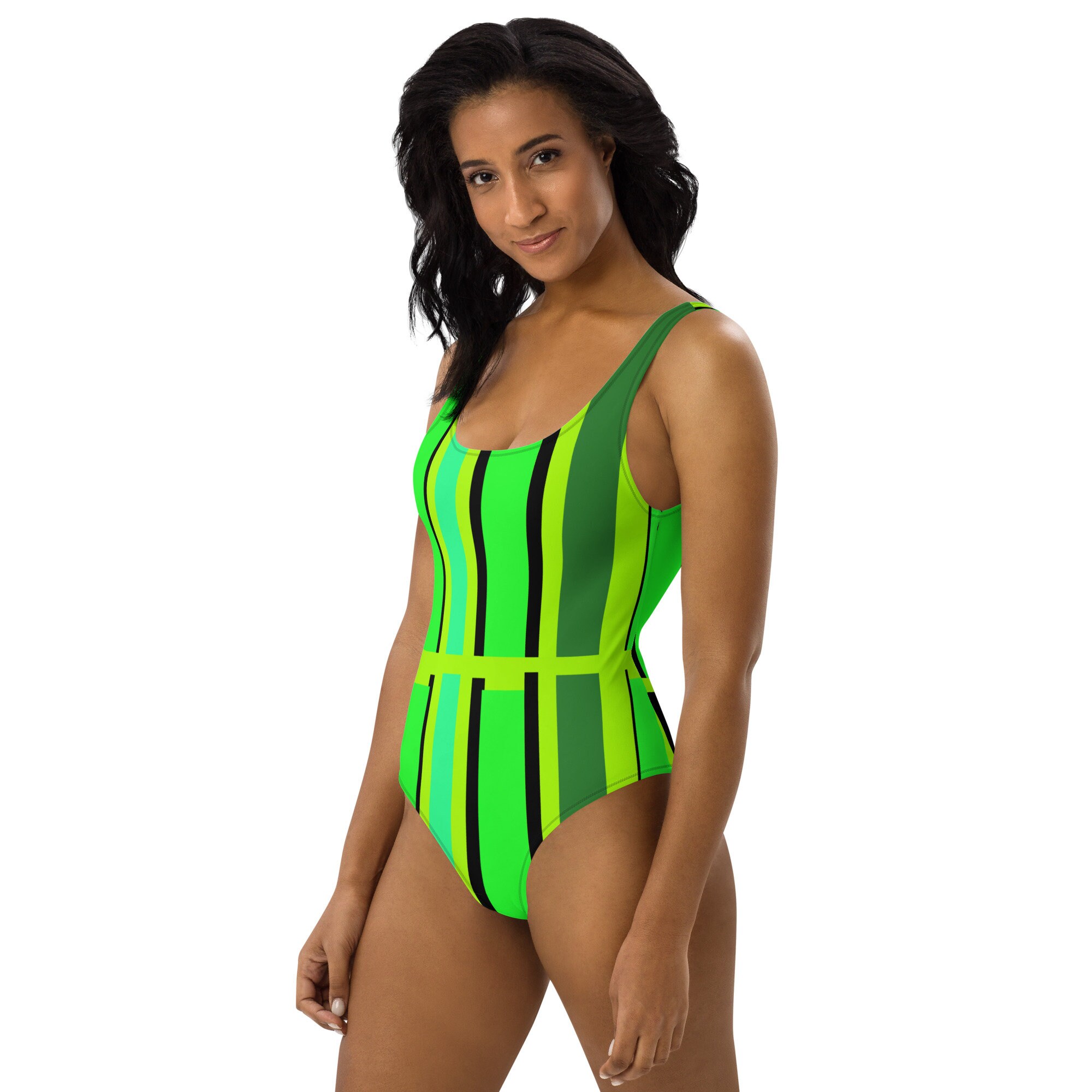 Neon Lime Green Striped One piece Swimsuit Bodysuit Leotard Etsy UK