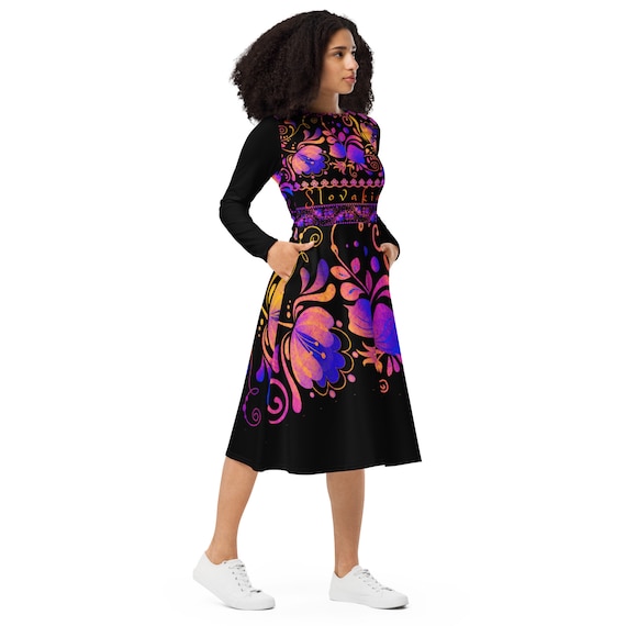 Slovak Folk Art Design Long Sleeve Midi Dress / Up to 6XL
