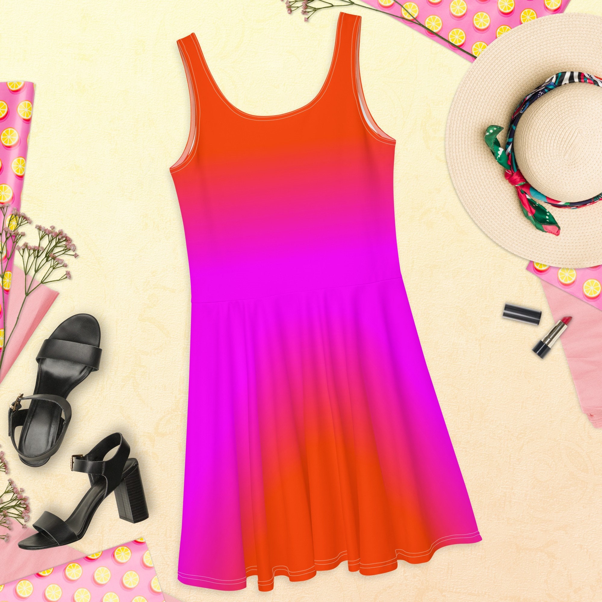 neon orange skater dress Neon Orange Sparkly Jewel Scoop Neck Cap Sleeve Fit and Flare Skater Skate Dress Rave Festival Clubwear EDM