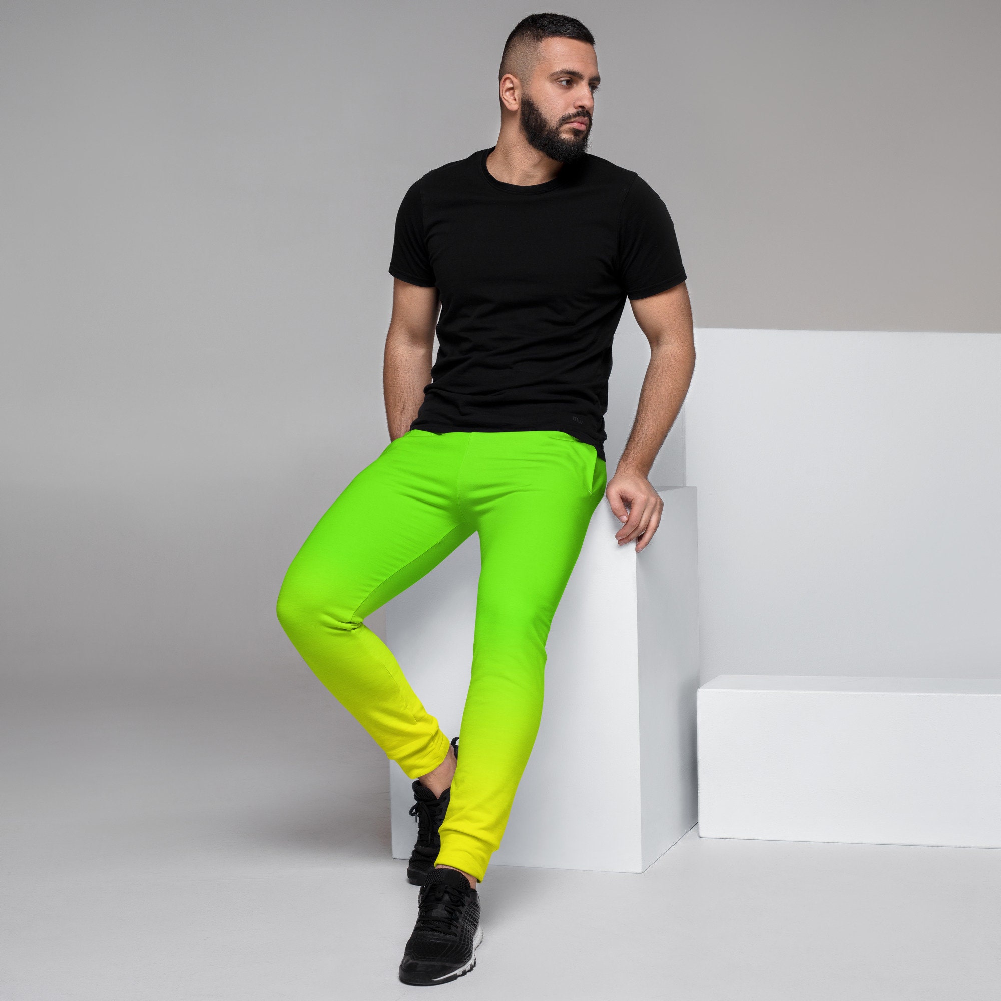 Neon Lime Green & Yellow Men's RECYCLED Joggers / ECO Festival Pants 