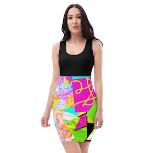 Neon Mish Mash Abstract  with Black Top Tank Dress / Bodycon / Fitted Dress
