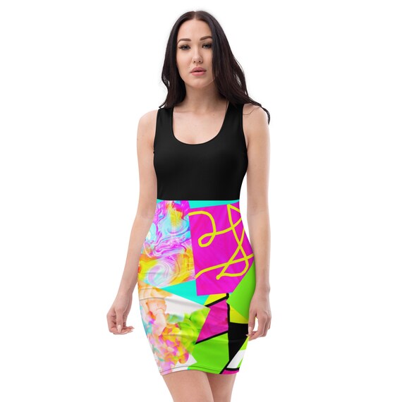 Neon Mish Mash Abstract with Black Top Tank Dress / Bodycon / Fitted Dress Neon Mish Mash Abstract with Black Top Tank Dress / Bodycon / Fitted Dress