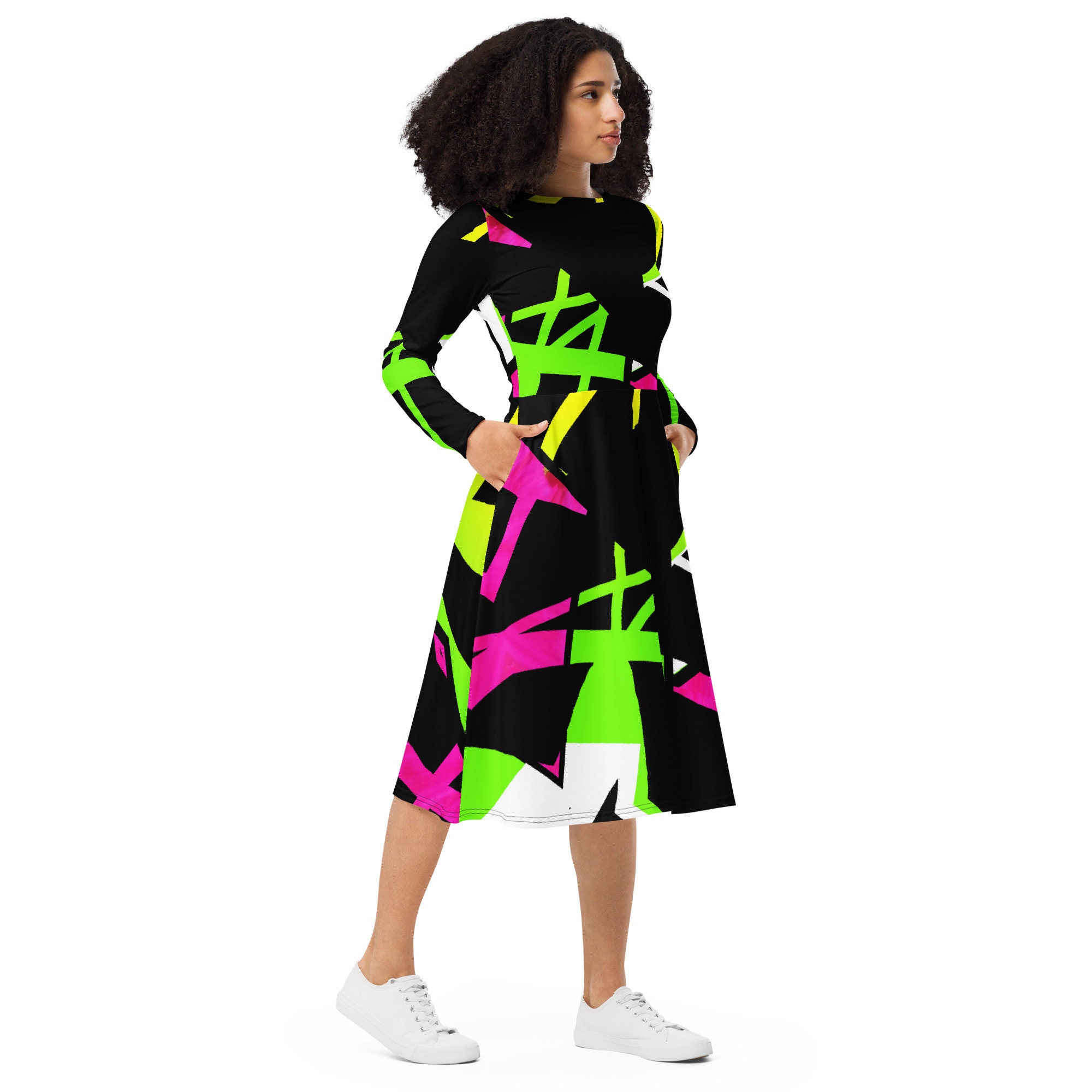 Neon Abstract Long Sleeve Midi Dress / Black Neon Dress / Up To 6XL Neon Abstract Long Sleeve Midi Dress / Black Neon Dress / Up To 6XL