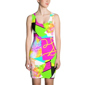 Neon Mish Mash Abstract Tank Dress / Neon Fitted Dress / Bodycon