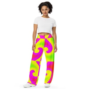 Neon Swirl Unisex Wide-Leg Pants / Neon Festival Pants /Retro Pants / Harem Palazzo Pants