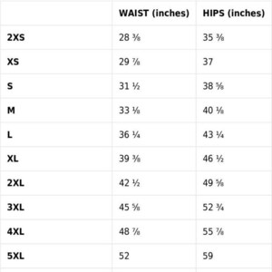 May include: Size guide chart showing waist and hip measurements in inches for sizes 2XS through 6XL.