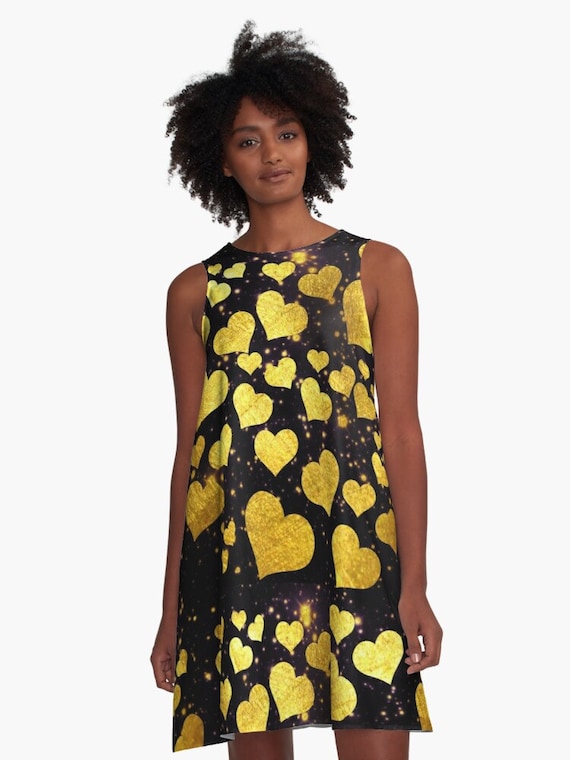 black dress with gold hearts Fluttering Hearts Maxi Dress Black